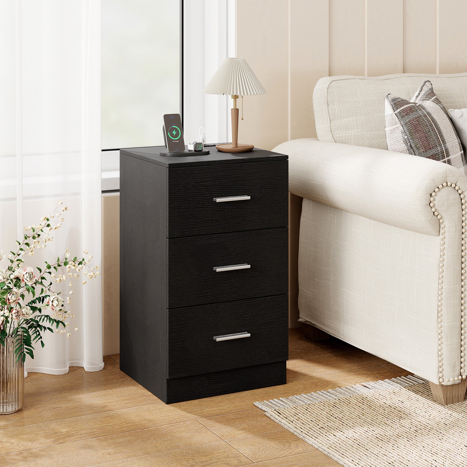 Set of 2 Nightstand with Charging Station End Table with 3 Storage Drawers Bedside Table for Bedroom, Black Nightstands at Gallery Canada