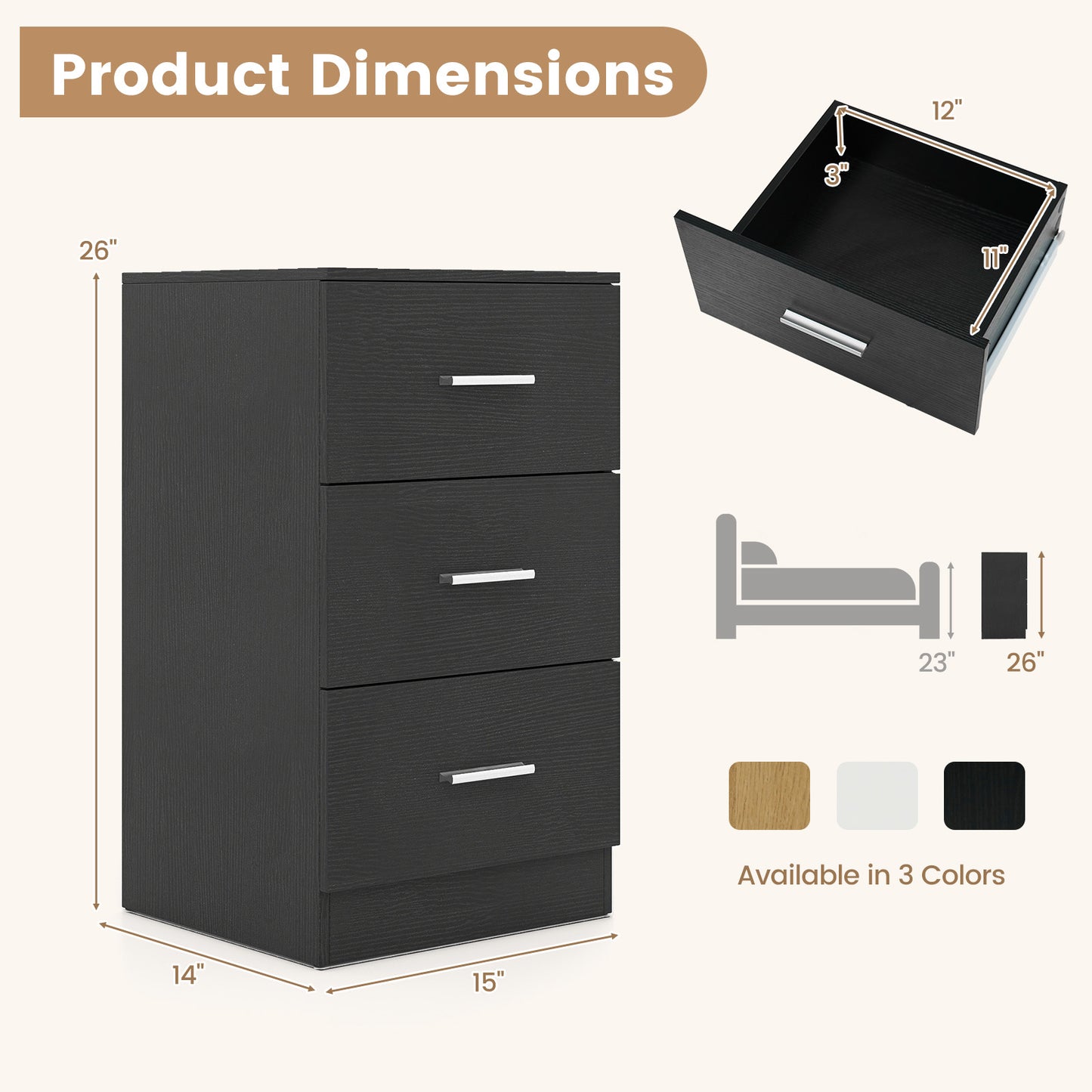 Set of 2 Nightstand with Charging Station End Table with 3 Storage Drawers Bedside Table for Bedroom, Black Nightstands at Gallery Canada