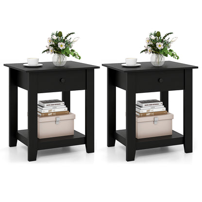 Set of 2 Nightstand with Drawer 3-Tier Modern Bedside Table with Open Shelf and Storage, Black Nightstands at Gallery Canada