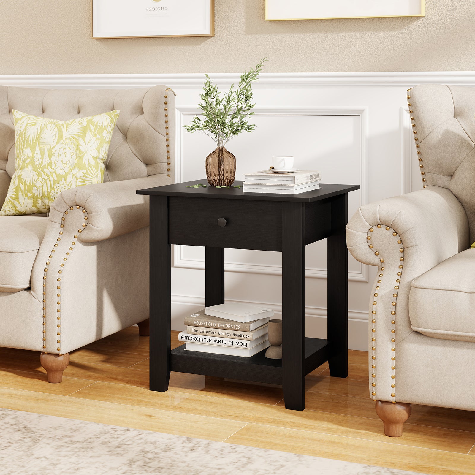 Set of 2 Nightstand with Drawer 3-Tier Modern Bedside Table with Open Shelf and Storage, Black Nightstands at Gallery Canada