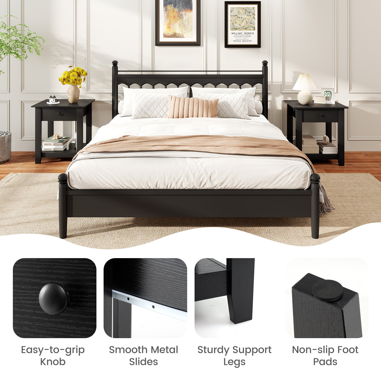 Set of 2 Nightstand with Drawer 3-Tier Modern Bedside Table with Open Shelf and Storage, Black Nightstands at Gallery Canada