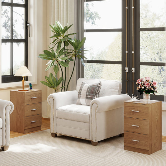Set of 2 Nightstand with Charging Station End Table with 3 Storage Drawers Bedside Table for Bedroom, Natural Nightstands Natural at Gallery Canada