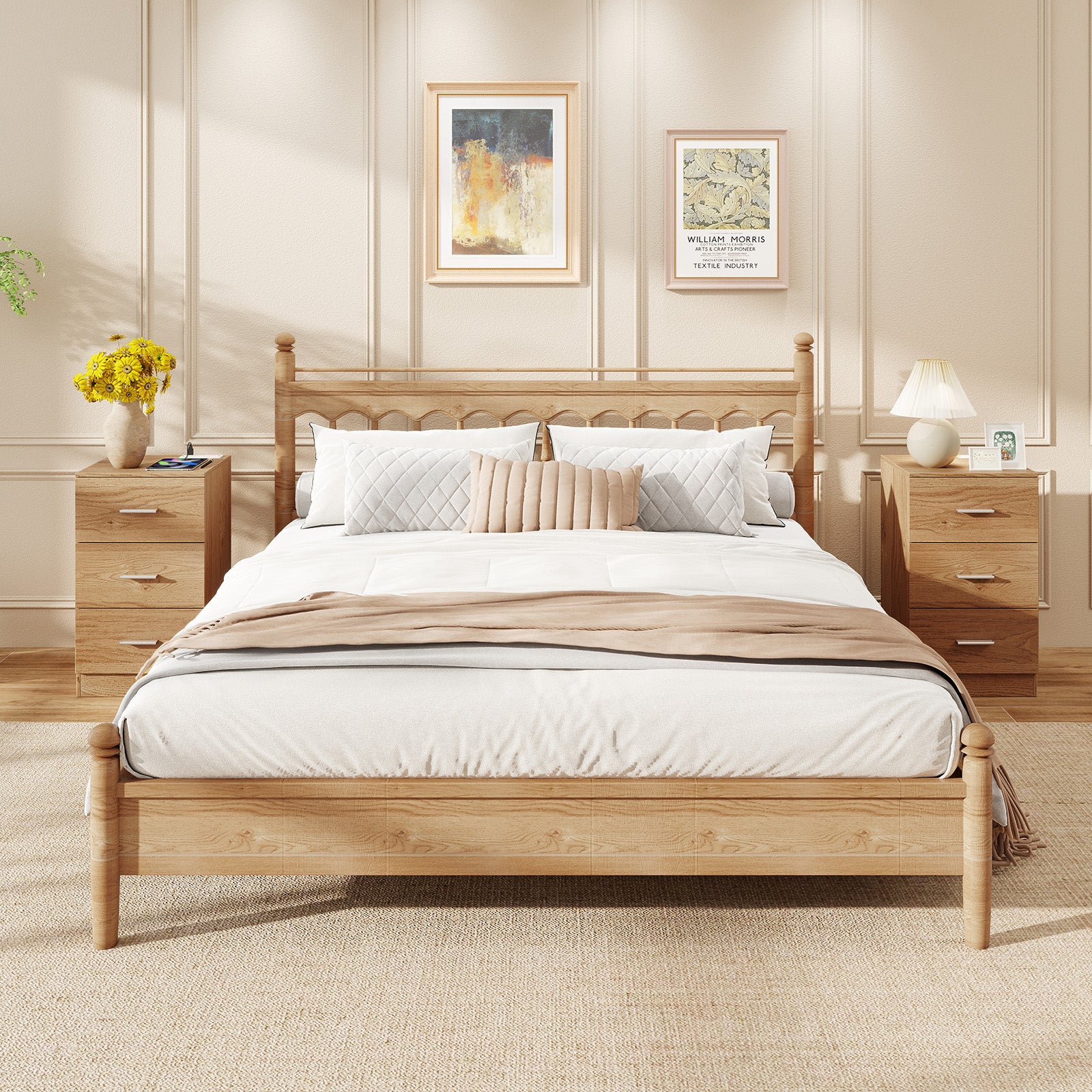 Set of 2 Nightstand with Charging Station End Table with 3 Storage Drawers Bedside Table for Bedroom, Natural Nightstands at Gallery Canada