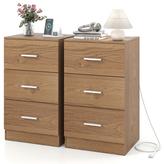 Set of 2 Nightstand with Charging Station End Table with 3 Storage Drawers Bedside Table for Bedroom, Natural Nightstands Natural at Gallery Canada