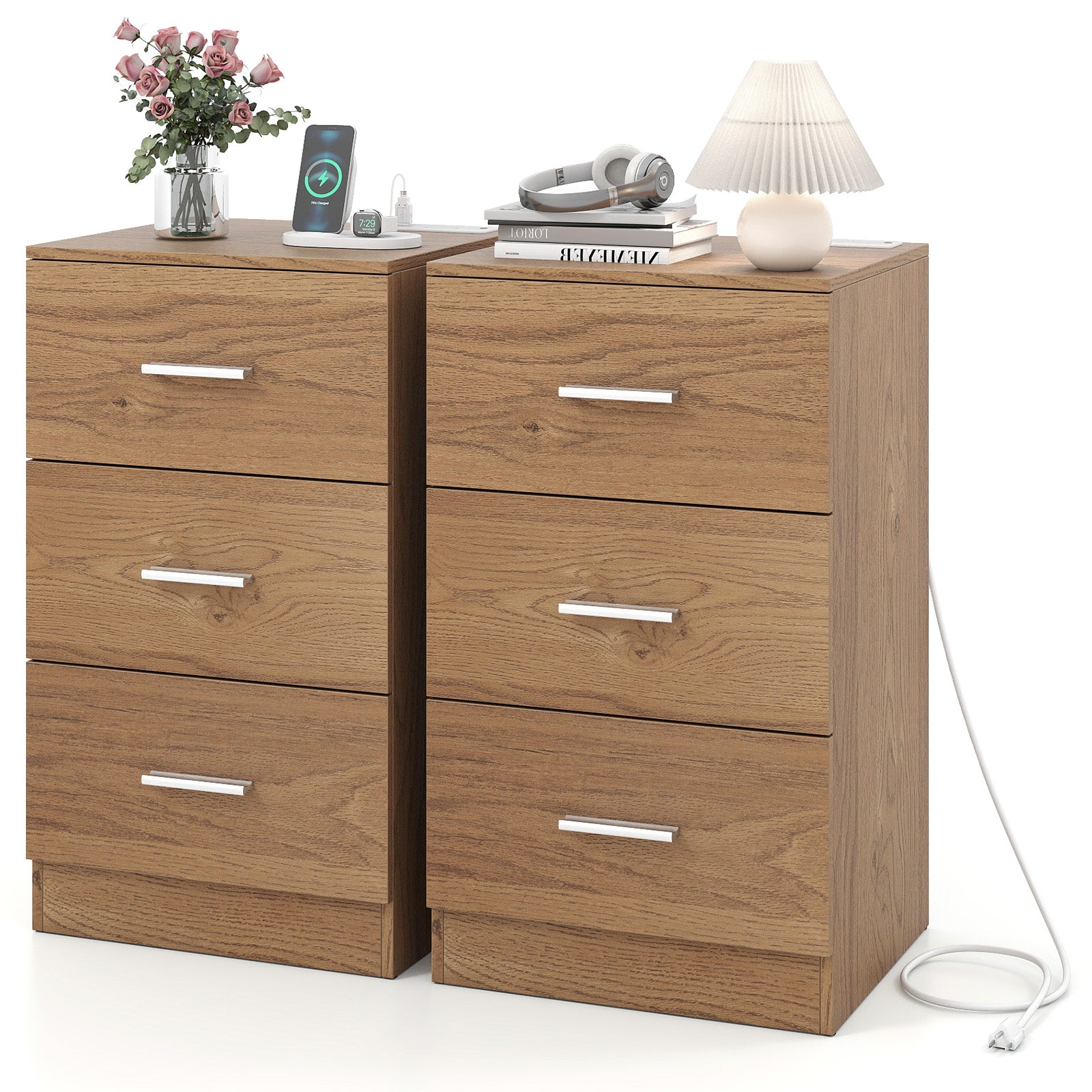Set of 2 Nightstand with Charging Station End Table with 3 Storage Drawers Bedside Table for Bedroom, Natural Nightstands at Gallery Canada