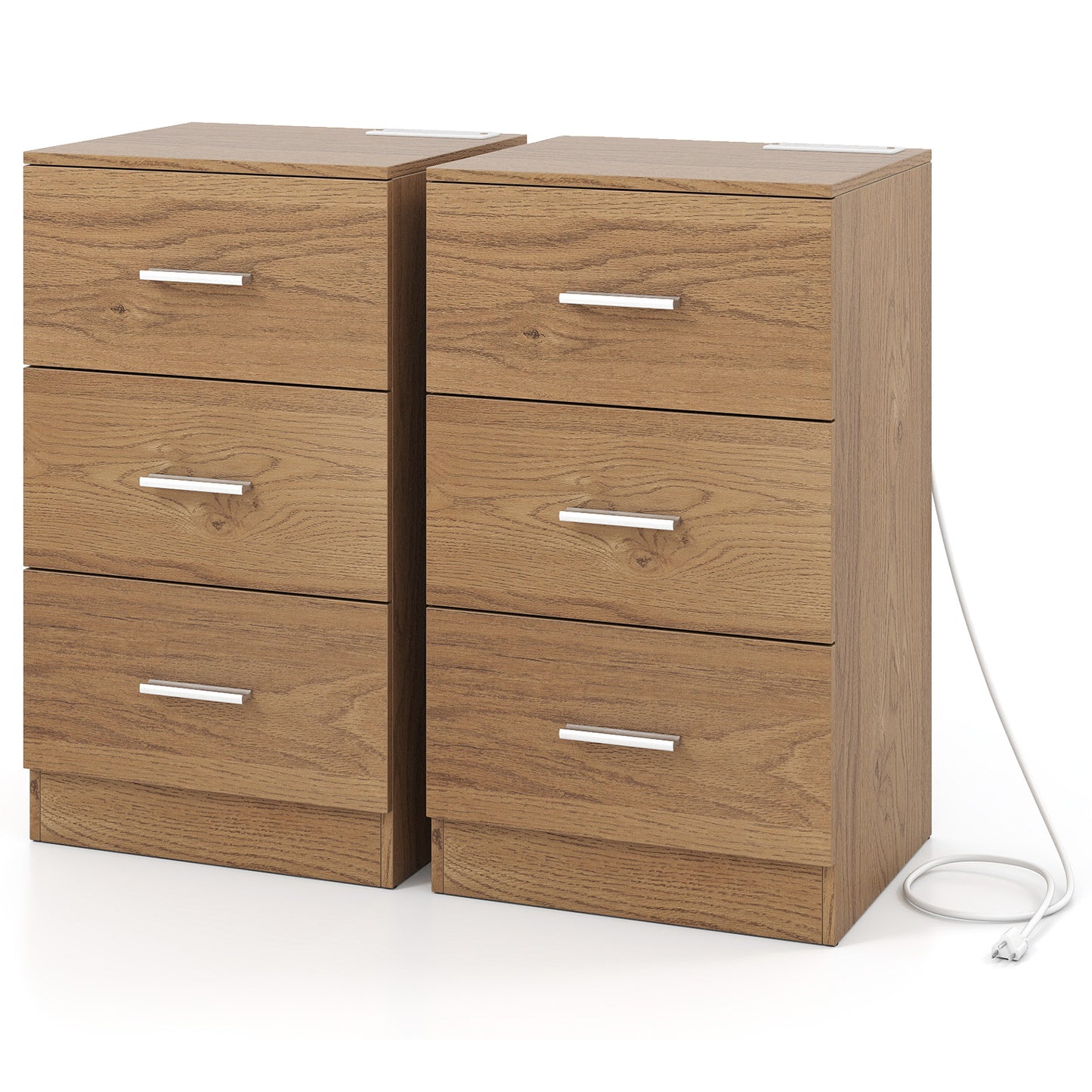 Set of 2 Nightstand with Charging Station End Table with 3 Storage Drawers Bedside Table for Bedroom, Natural Nightstands at Gallery Canada