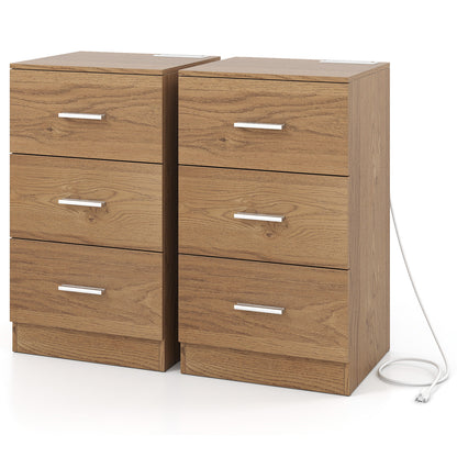 Set of 2 Nightstand with Charging Station End Table with 3 Storage Drawers Bedside Table for Bedroom, Natural Nightstands at Gallery Canada