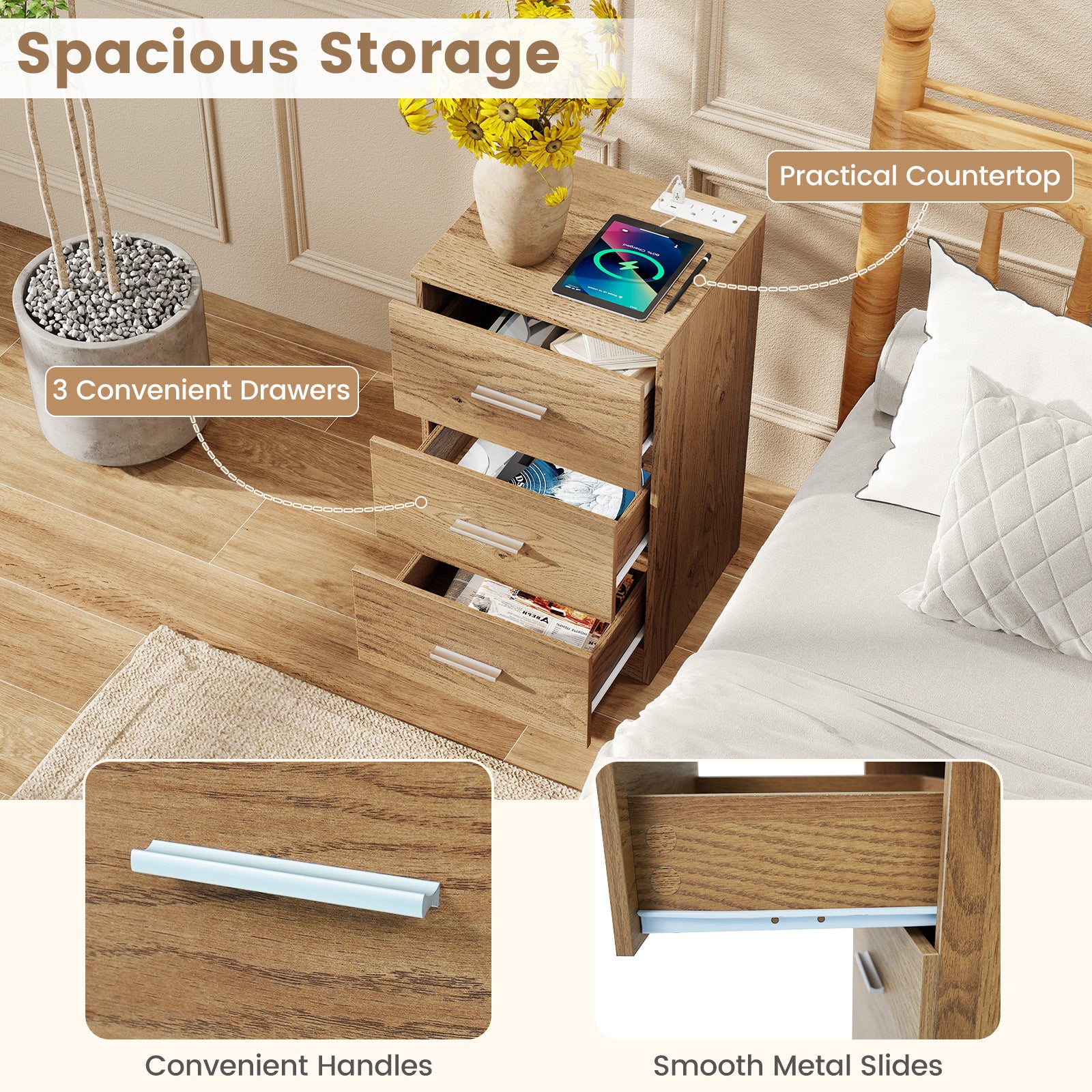 Set of 2 Nightstand with Charging Station End Table with 3 Storage Drawers Bedside Table for Bedroom, Natural Nightstands at Gallery Canada