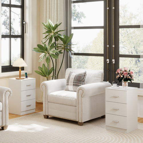 Set of 2 Nightstand with Charging Station End Table with 3 Storage Drawers Bedside Table for Bedroom, White