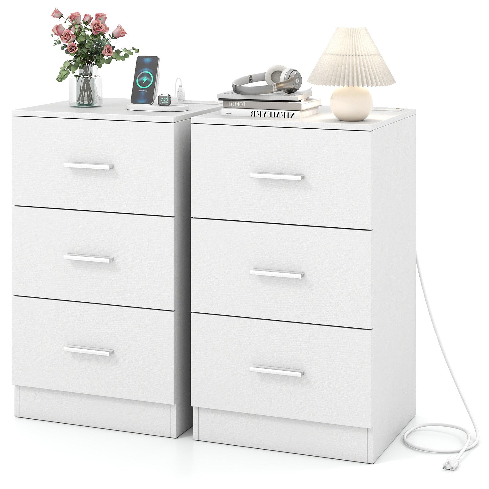Set of 2 Nightstand with Charging Station End Table with 3 Storage Drawers Bedside Table for Bedroom, White Nightstands at Gallery Canada