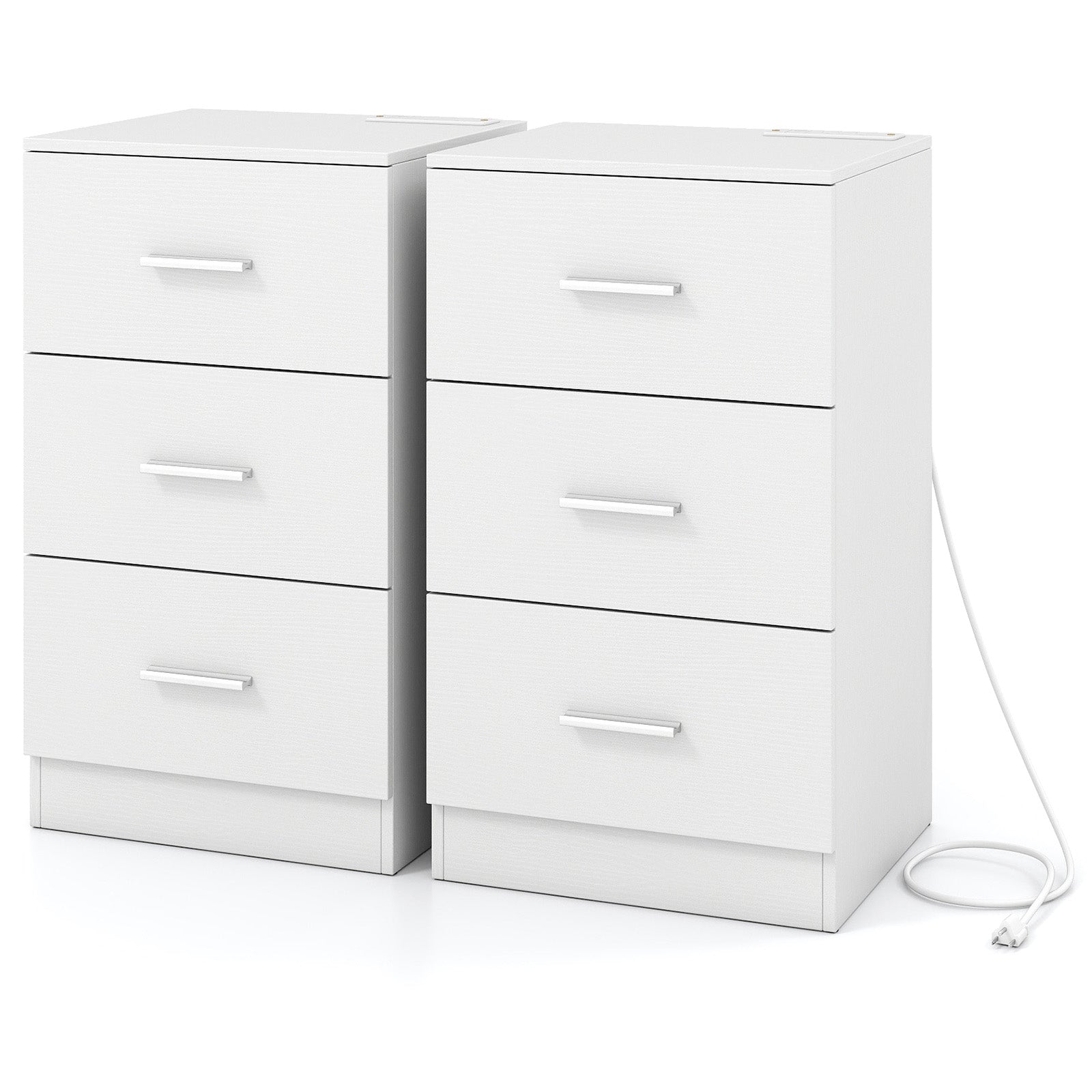 Set of 2 Nightstand with Charging Station End Table with 3 Storage Drawers Bedside Table for Bedroom, White Nightstands at Gallery Canada