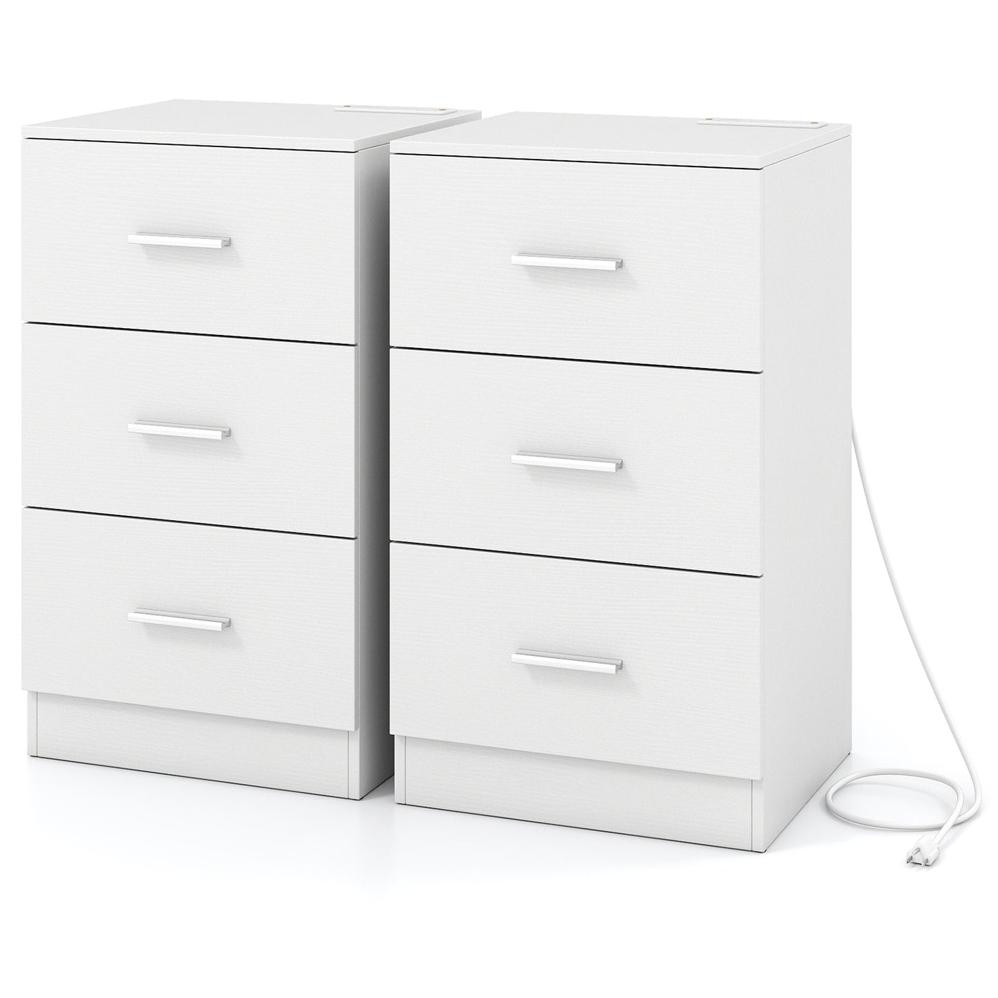 Set of 2 Nightstand with Charging Station End Table with 3 Storage Drawers Bedside Table for Bedroom, White Nightstands at Gallery Canada