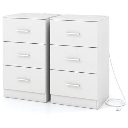 Set of 2 Nightstand with Charging Station End Table with 3 Storage Drawers Bedside Table for Bedroom, White Nightstands at Gallery Canada