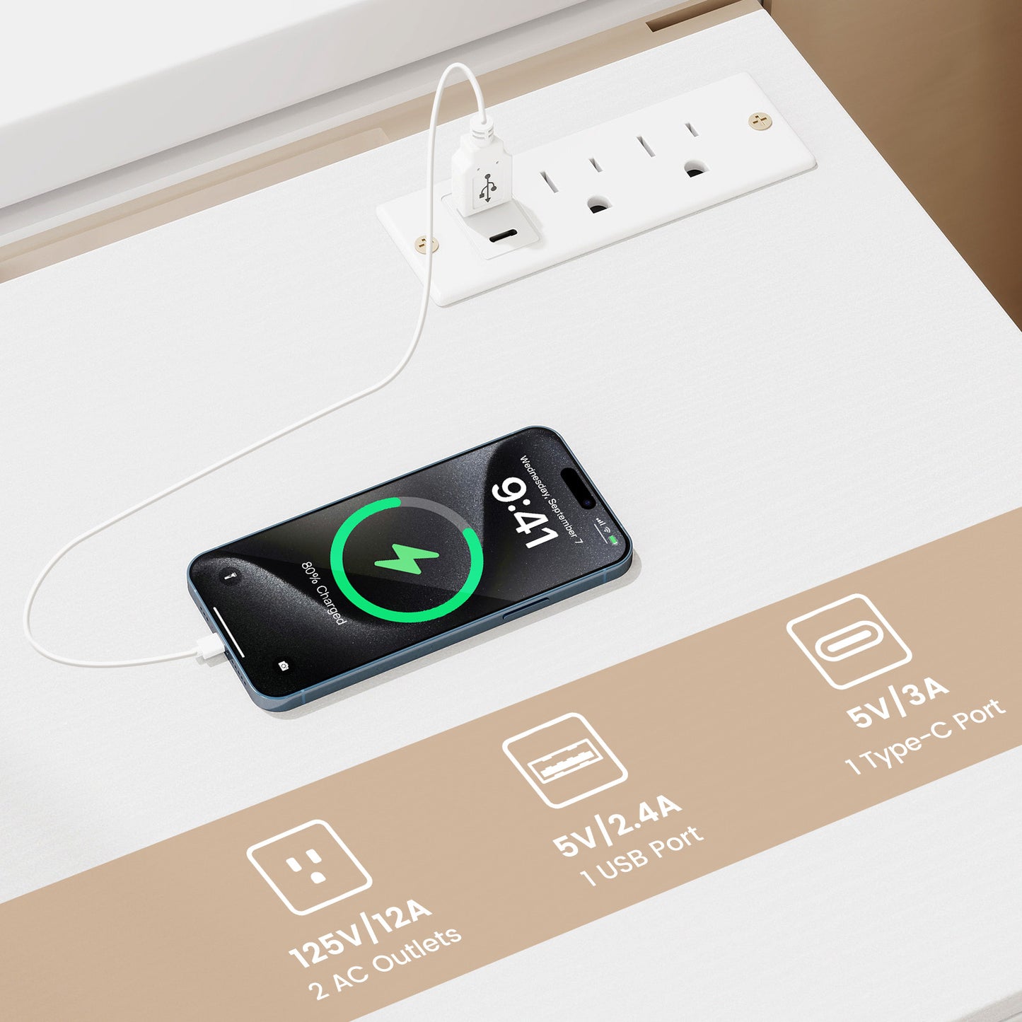 Set of 2 Nightstand with Charging Station End Table with 3 Storage Drawers Bedside Table for Bedroom, White Nightstands at Gallery Canada