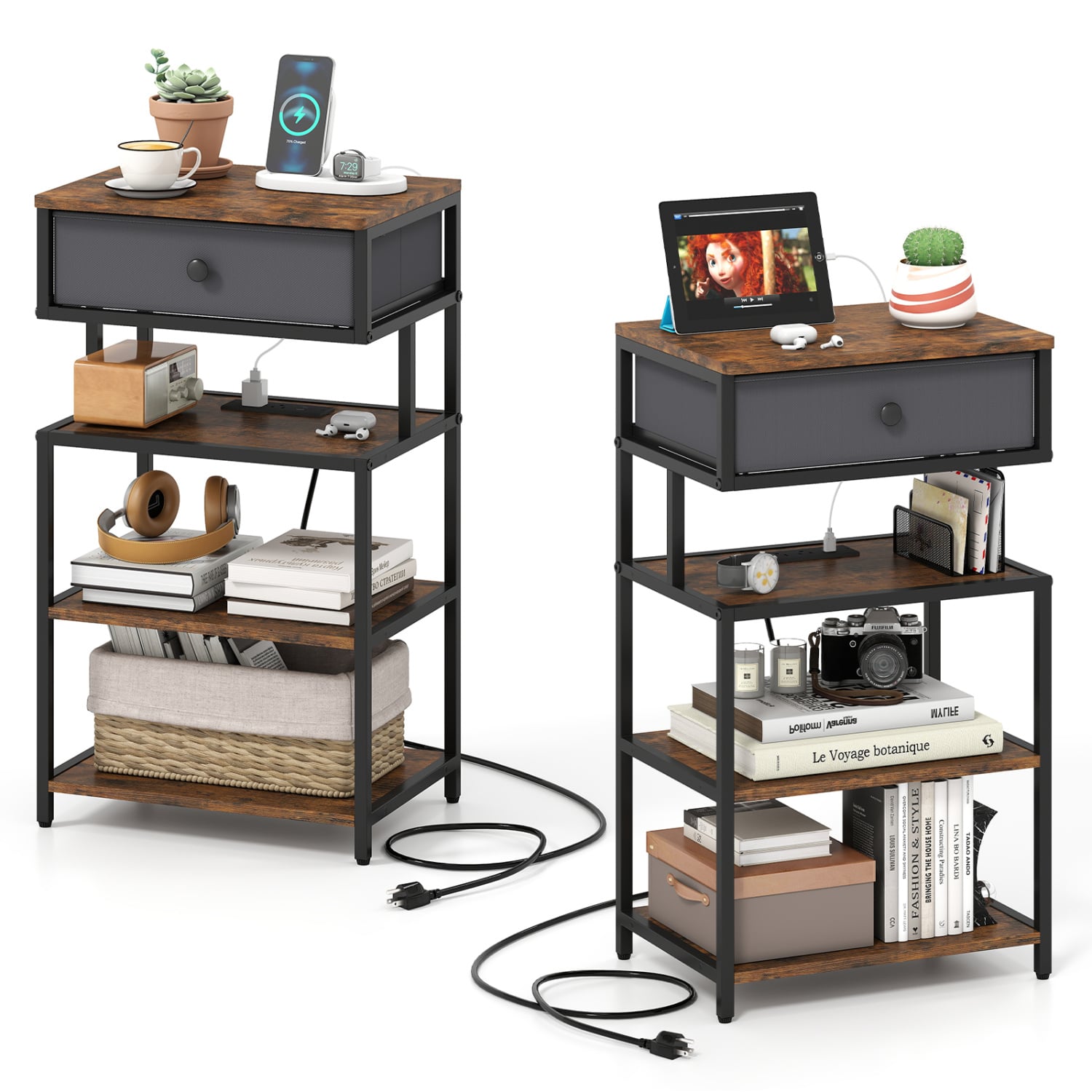 Set Of 2 Nightstands, 28 Inch Tall, Charging Station, Rustic Brown Nightstands Rustic Brown at Gallery Canada