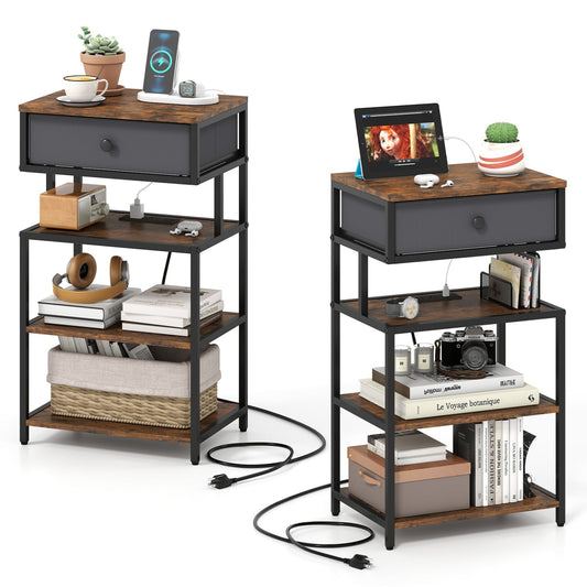 Set Of 2 Nightstands, 28 Inch Tall, Charging Station, Rustic Brown Nightstands Rustic Brown at Gallery Canada