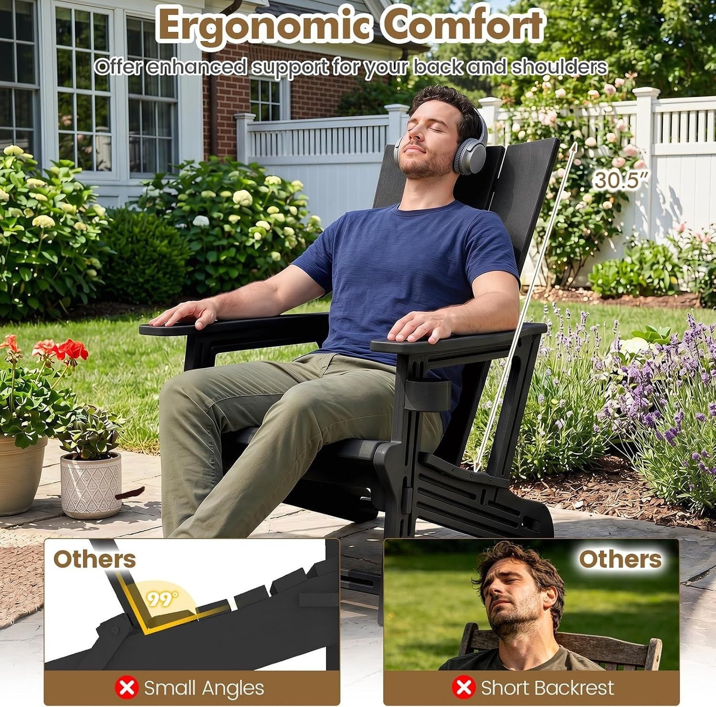Ensemble de 2 chaises Adirondack d'extérieur avec porte-gobelet, noir