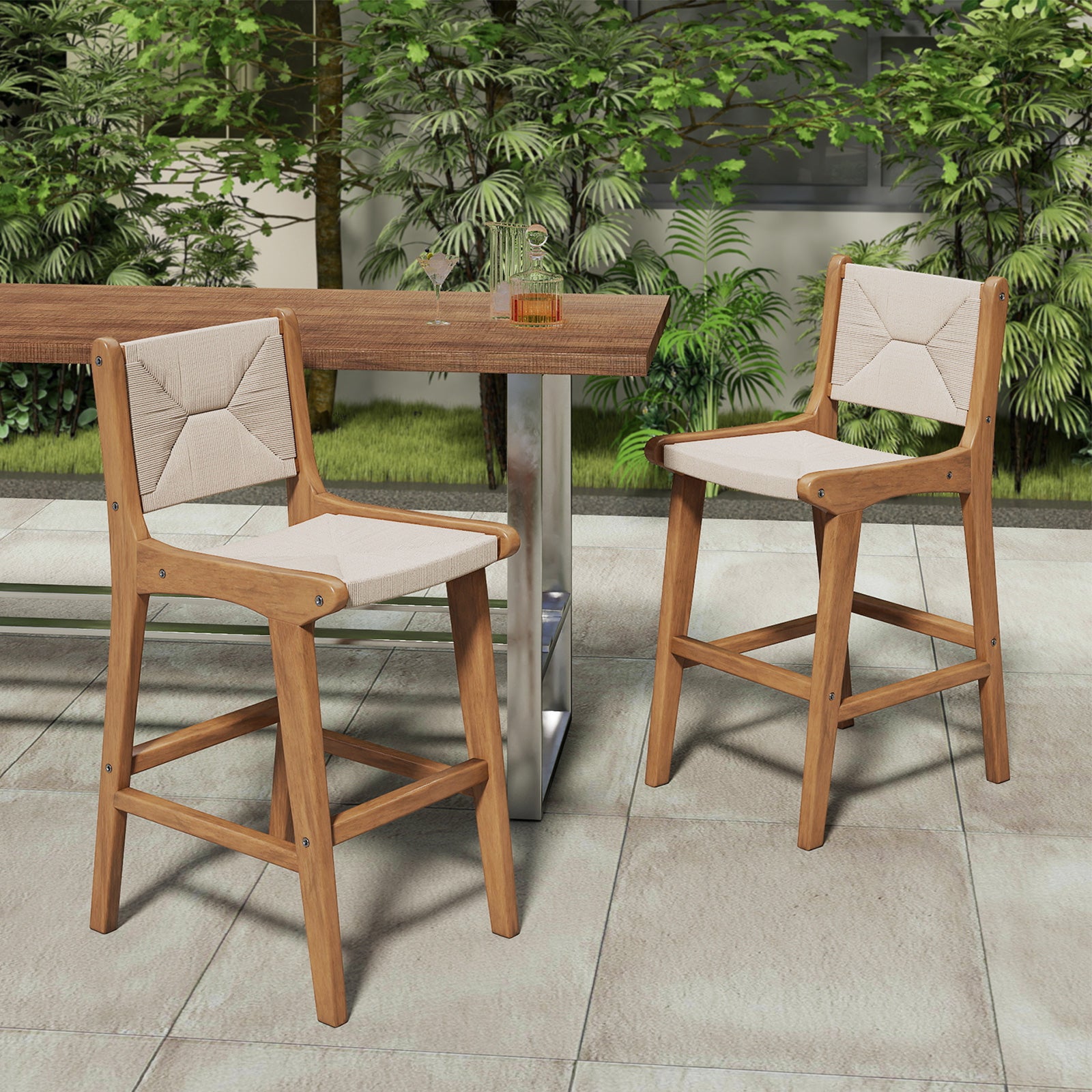 Set of 2 Outdoor Counter Height Bar Stool Woven Paper Rope Patio Barstool with Teak Wood Frame Patio Bar Furniture at Gallery Canada