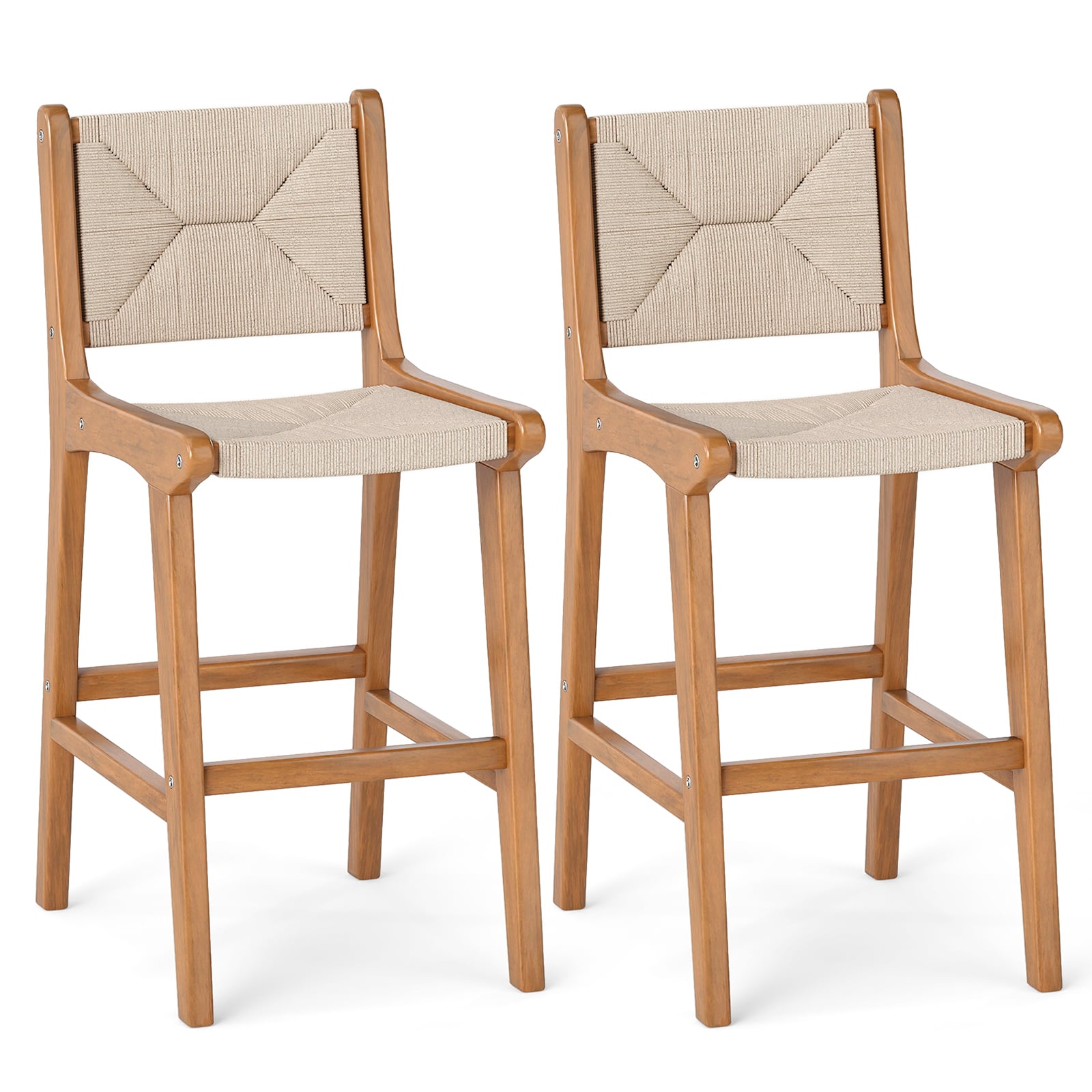 Set of 2 Outdoor Counter Height Bar Stool Woven Paper Rope Patio Barstool with Teak Wood Frame Patio Bar Furniture at Gallery Canada