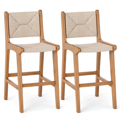 Set of 2 Outdoor Counter Height Bar Stool Woven Paper Rope Patio Barstool with Teak Wood Frame Patio Bar Furniture at Gallery Canada