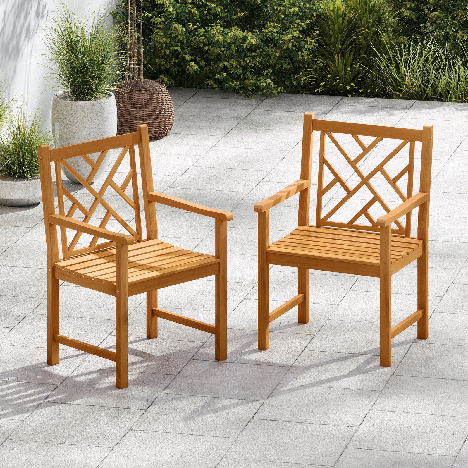 Set of 2 Outdoor Dining Chairs Acacia Wood with Cross-Pattern Backrest, Natural Patio Dining Chairs at Gallery Canada