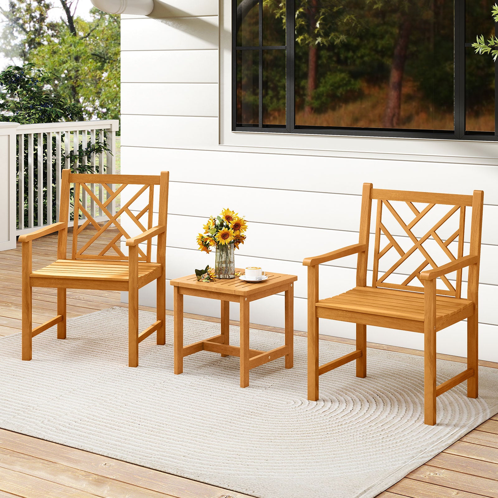 Set of 2 Outdoor Dining Chairs Acacia Wood with Cross-Pattern Backrest, Natural Patio Dining Chairs at Gallery Canada