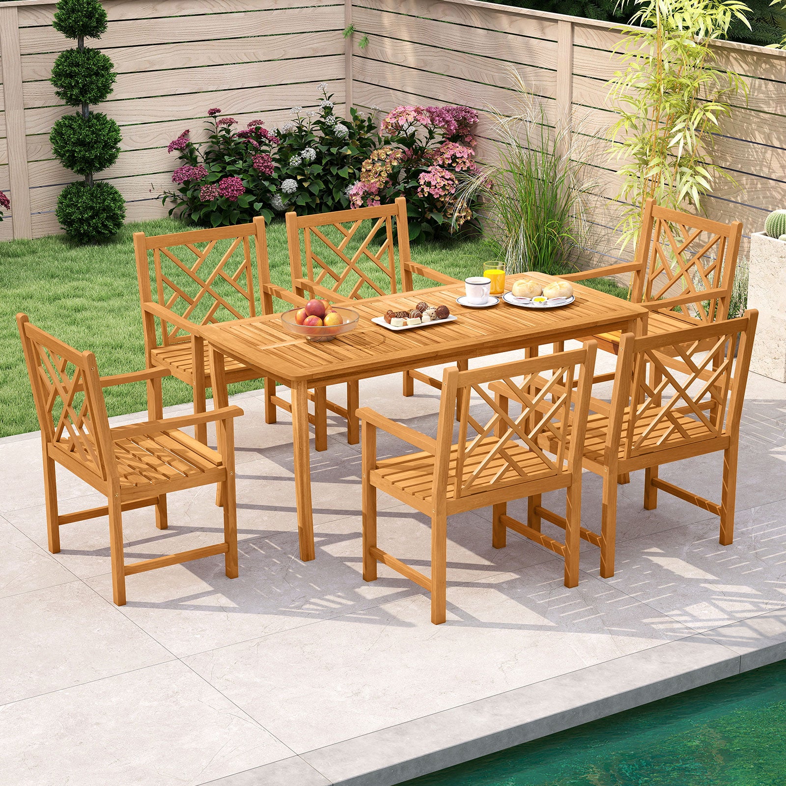 Set of 2 Outdoor Dining Chairs Acacia Wood with Cross-Pattern Backrest, Natural Patio Dining Chairs at Gallery Canada