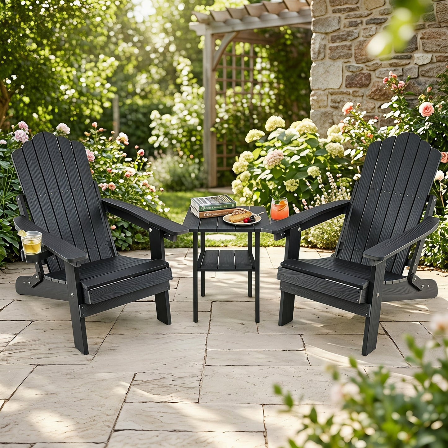 Lot de 2 chaises Adirondack pliantes d'extérieur avec porte-gobelet, noir