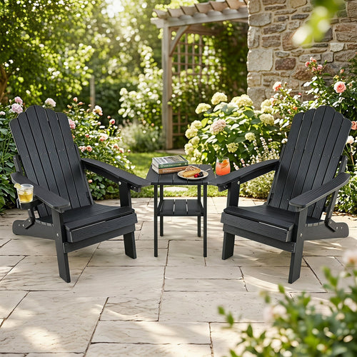 Set of 2 Outdoor Folding Adirondack Chairs with Cup Holder, Black