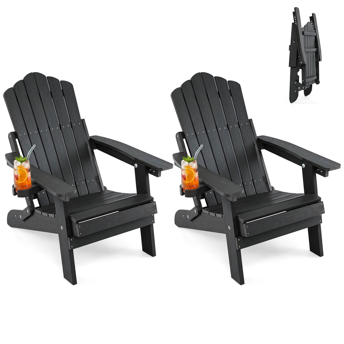 Lot de 2 chaises Adirondack pliantes d'extérieur avec porte-gobelet, noir