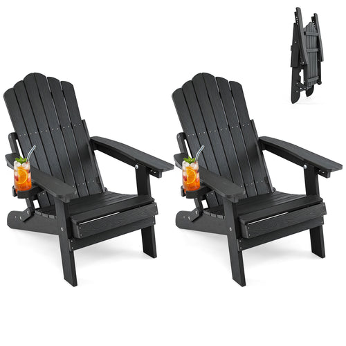 Set of 2 Outdoor Folding Adirondack Chairs with Cup Holder, Black