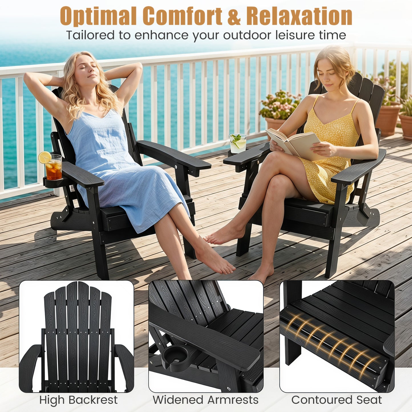 Lot de 2 chaises Adirondack pliantes d'extérieur avec porte-gobelet, noir