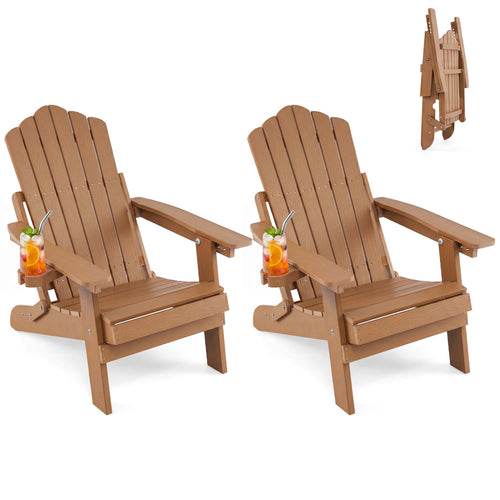 2 Outdoor Folding Adirondack Chairs With Cup Holder, Coffee