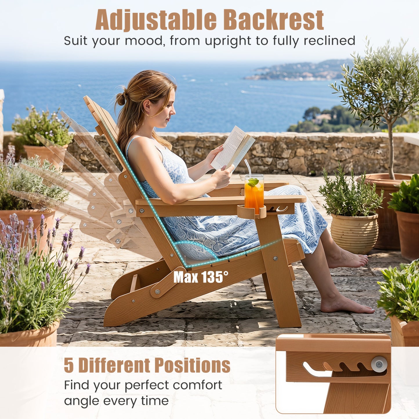 2 Chaises Adirondack Pliantes d'Extérieur Avec Porte-gobelet, Café