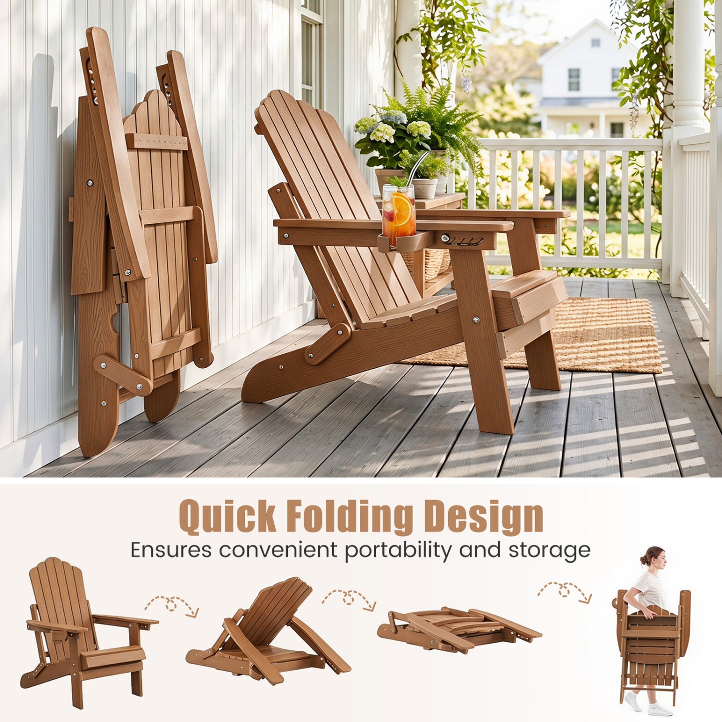 2 Chaises Adirondack Pliantes d'Extérieur Avec Porte-gobelet, Café