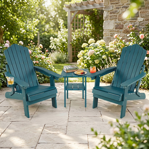 Set of 2 Outdoor Folding Adirondack Chairs With Cup Holder, Green
