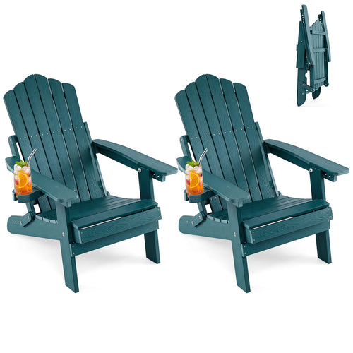 Set of 2 Outdoor Folding Adirondack Chairs With Cup Holder, Green