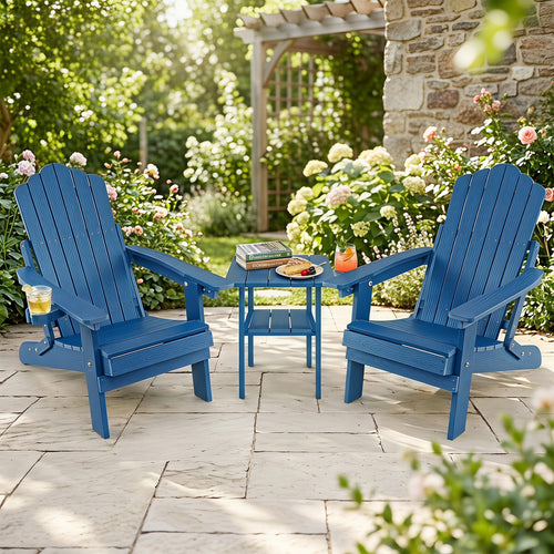 Set of 2 Outdoor Folding Adirondack Chairs with Cup Holder, Navy
