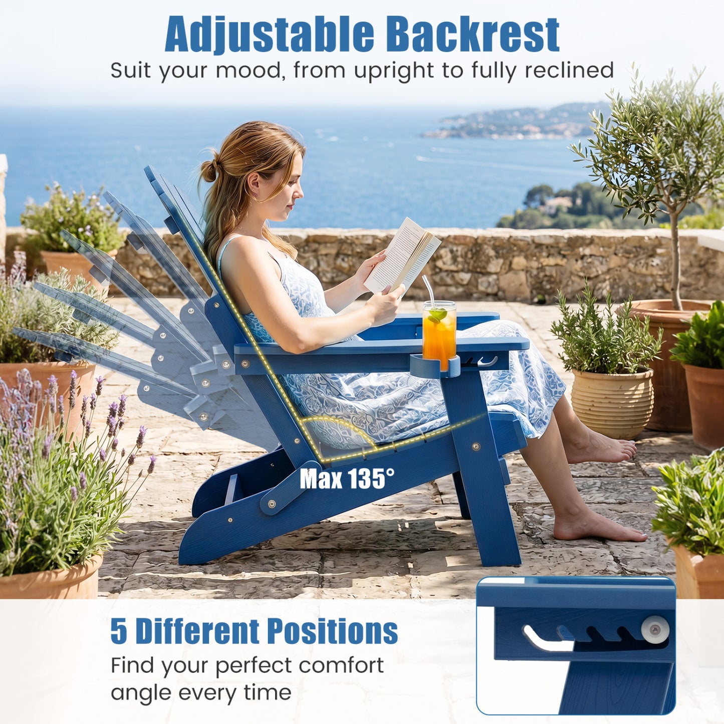 Lot de 2 chaises Adirondack pliantes d'extérieur avec porte-gobelet, bleu marine