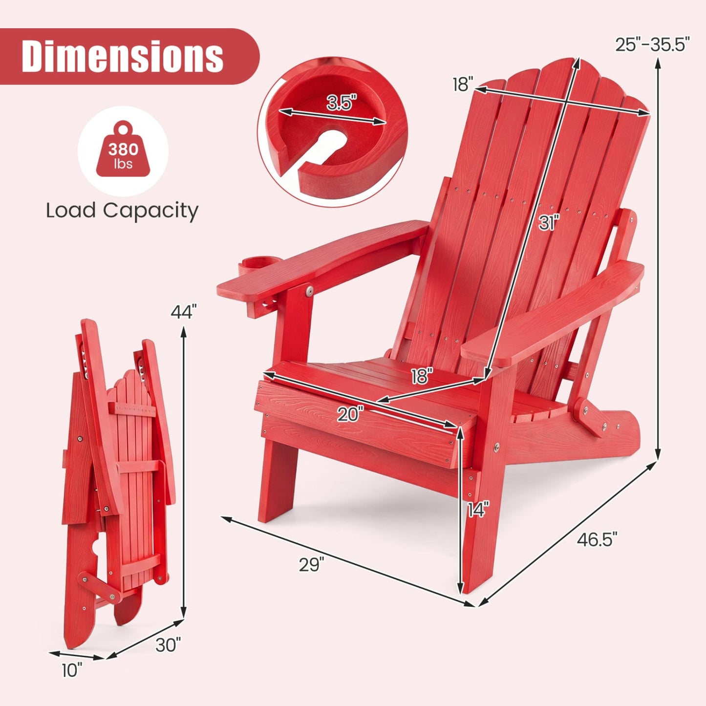 Ensemble de 2 chaises Adirondack pliantes d'extérieur, Rouge