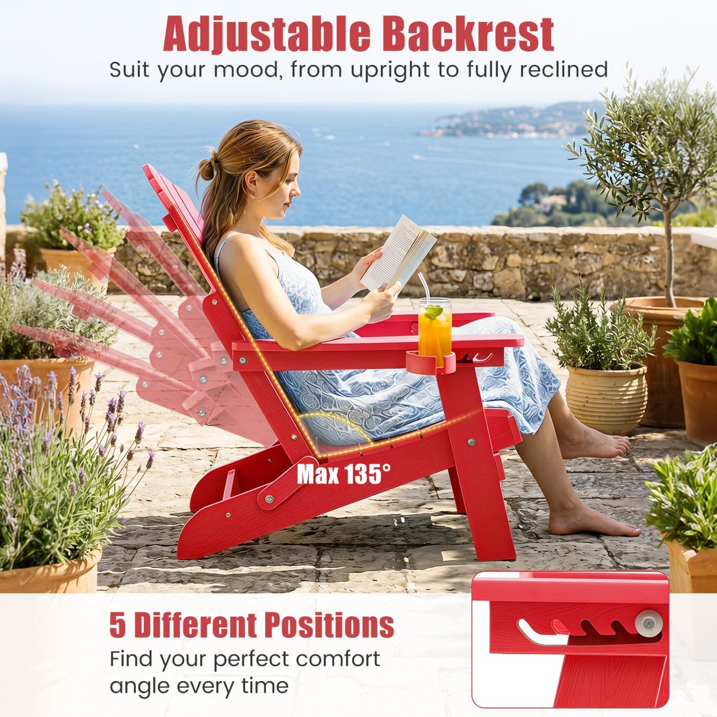 Ensemble de 2 chaises Adirondack pliantes d'extérieur, Rouge