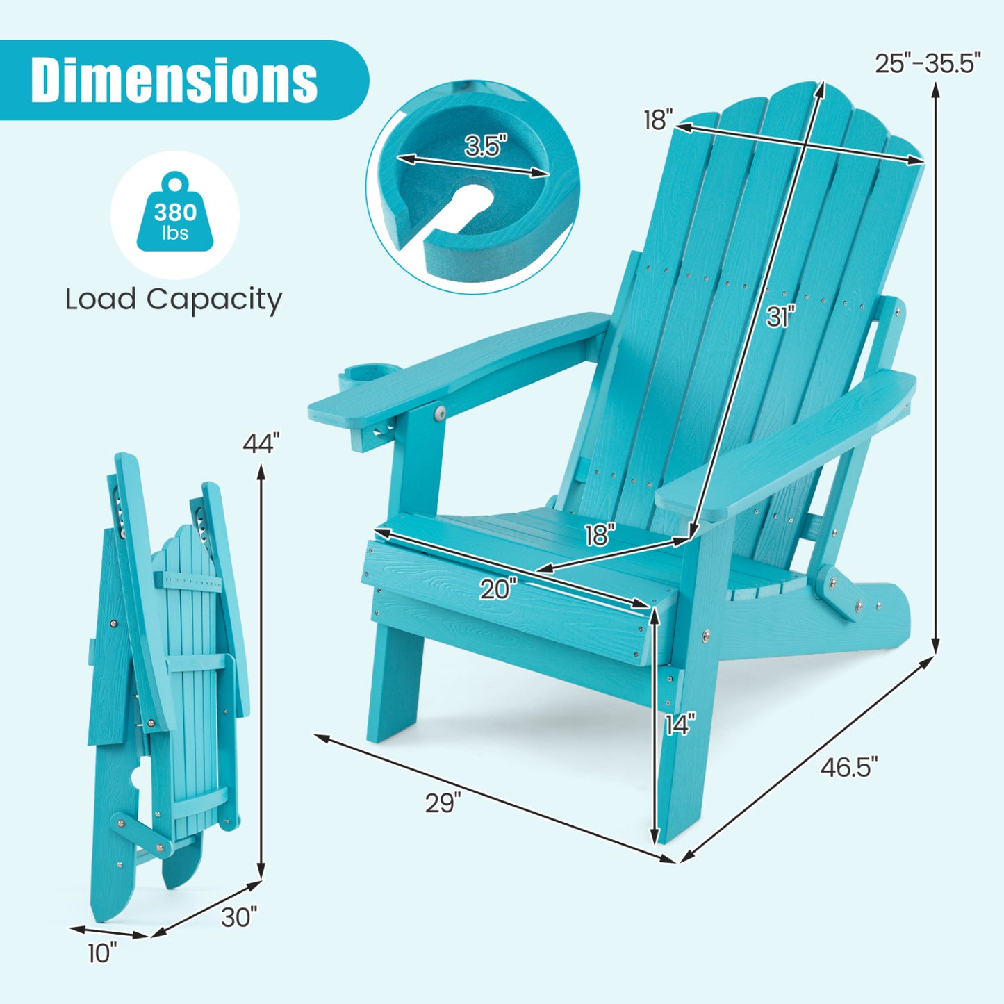 Lot de 2 chaises Adirondack pliantes avec porte-gobelet, turquoise