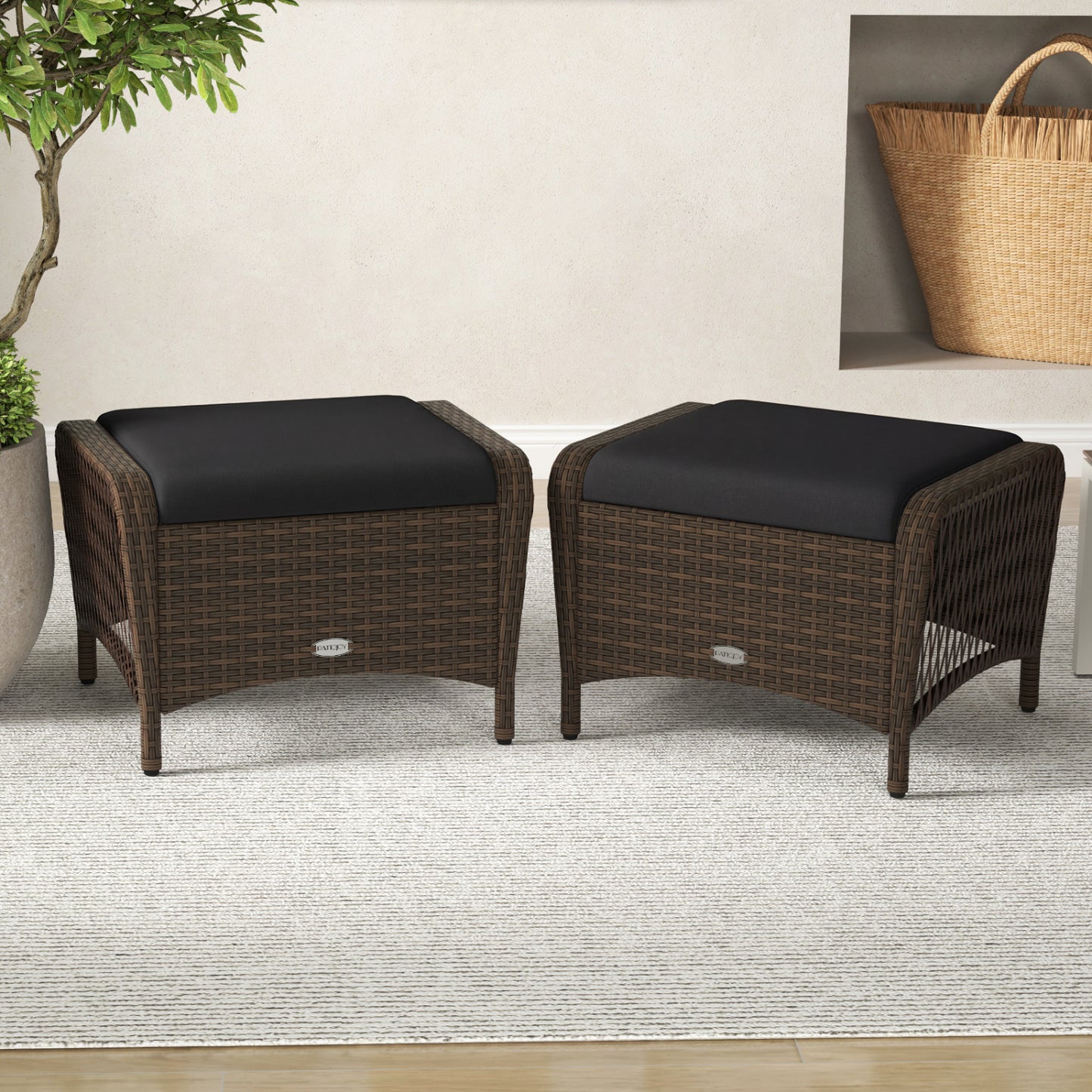 Set Of 2 PE Wicker Ottomans With Cushions, Black