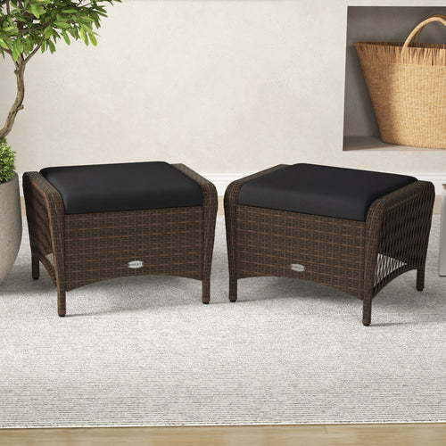Set Of 2 PE Wicker Ottomans With Cushions, Black