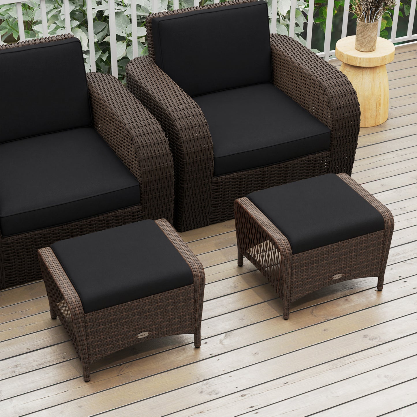 Set Of 2 PE Wicker Ottomans With Cushions, Black