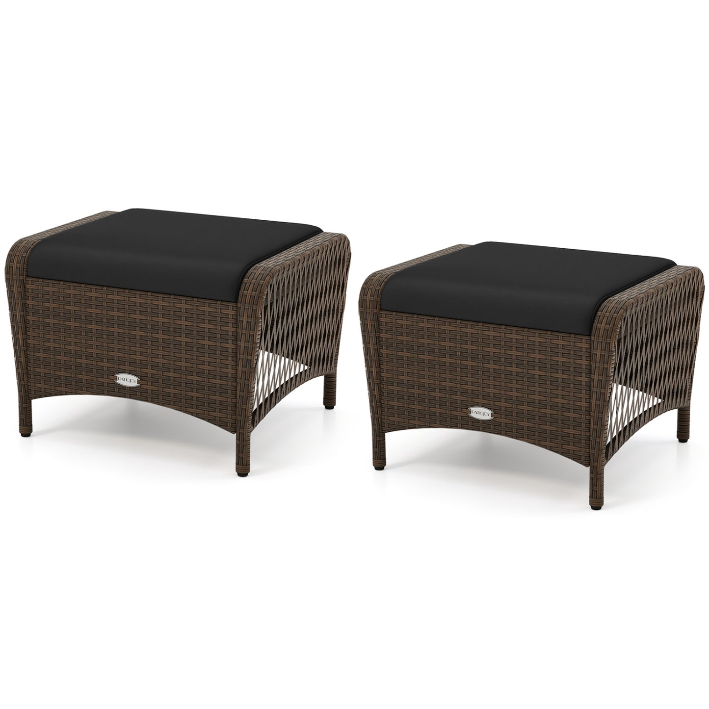 Set Of 2 PE Wicker Ottomans With Cushions, Black