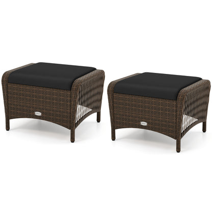 Set Of 2 PE Wicker Ottomans With Cushions, Black