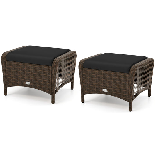 Set Of 2 PE Wicker Ottomans With Cushions, Black Outdoor Seating & Patio Chairs Black at Gallery Canada