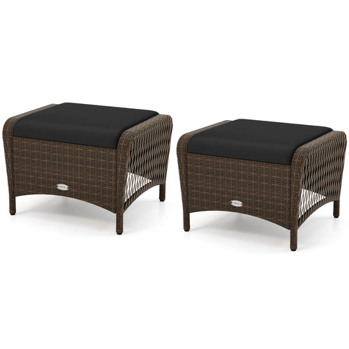 Set Of 2 PE Wicker Ottomans With Cushions, Black