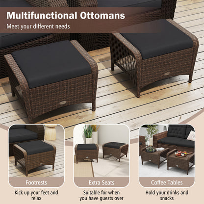 Set Of 2 PE Wicker Ottomans With Cushions, Black